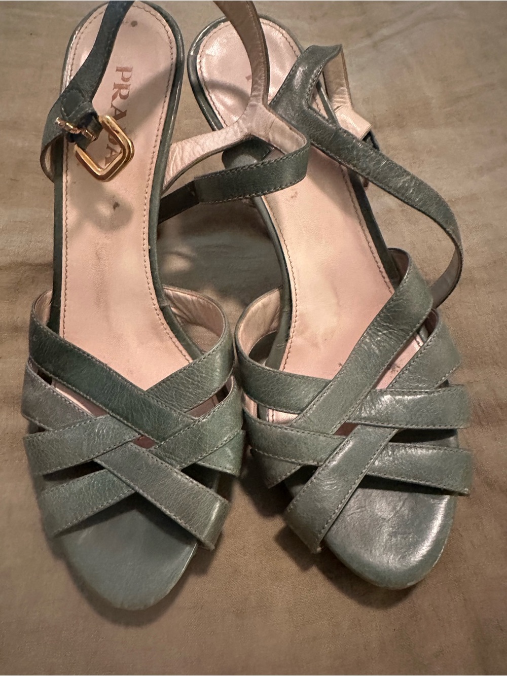 Prada Green Leather Crisscross Strap Sandals with Gold Buckle size 39 authentic